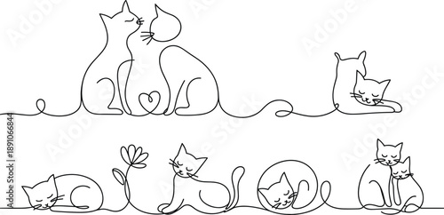 Line of Cats in Various Poses and Interactions line black and white