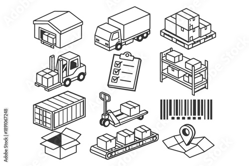 Logistics and warehouse icon set: trucks, boxes, forklift, and barcode.