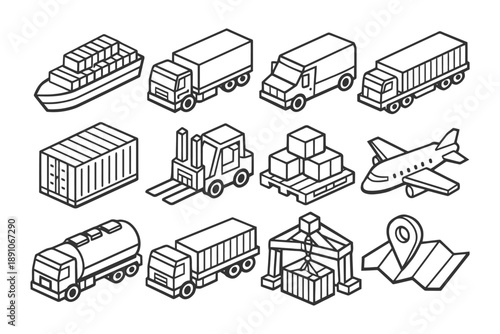 Logistics icons set: transportation, shipping, cargo, delivery, mapping.