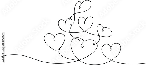 Hand Drawn Floating Hearts Over Wavy Line in Black and White
