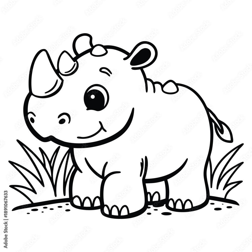 Obraz premium Cute rhinoceros walking, cartoon coloring book