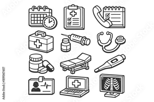 Medical icons set featuring equipment and supplies in monochrome style.