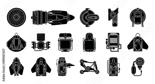 A unique collection of 17 black military aircraft system icons in a single frame, representing internal fighter jet organs such as propulsion, detection, control, navigation, defense electronics