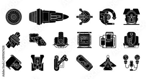 A professional set of 17 black monochrome flat icons arranged in one frame, illustrating the internal systems and functional organs of a modern fighter jet. Includes jet turbine core, afterburner 