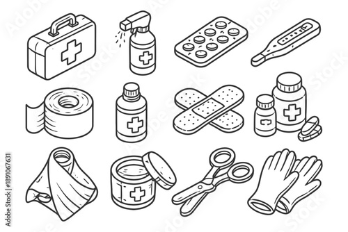 Medical supplies and first aid equipment: kit, thermometer, bandages, scissors, gloves.