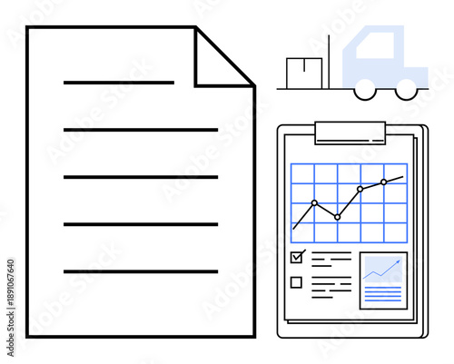 Logistics, supply chain, data analysis, delivery management, shipping, business operations. A document, graph on clipboard and truck icon. Logistics and data analysis concepts for business