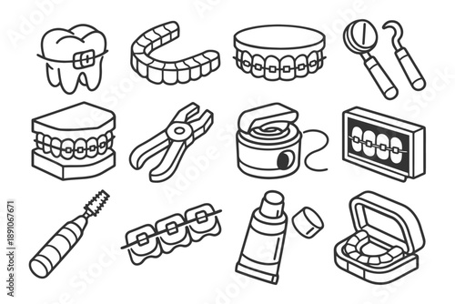 Orthodontic tools and dental care line art illustrations.