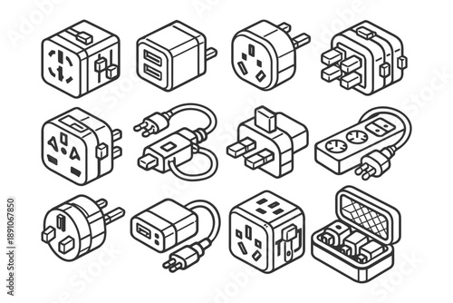 Various international power plug adapters and outlets in black and white line art.