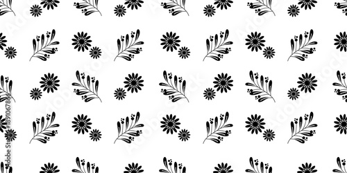 Black and white seamless pattern with small floral sprigs and scattered botanical elements