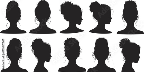 Elegant female hairstyle silhouette collection showing front back and side views of modern messy bun vector portrait profiles illustration