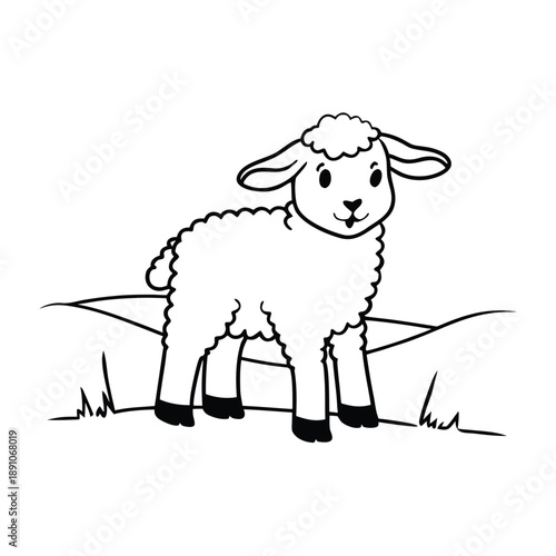 Sheep Coloring Page For Kids, Simple Cartoon Ouline