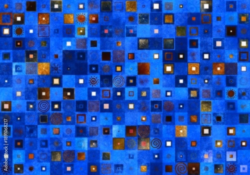 A grid of blue squares of various sizes, some filled with gold and brown patterns, others with white or red squares, creating an abstract mosaic