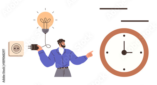 Time management, energy efficiency, creative ideas, productivity, planning, task prioritization. Man holding plug, light bulb clock visual. Time management and energy efficiency concepts
