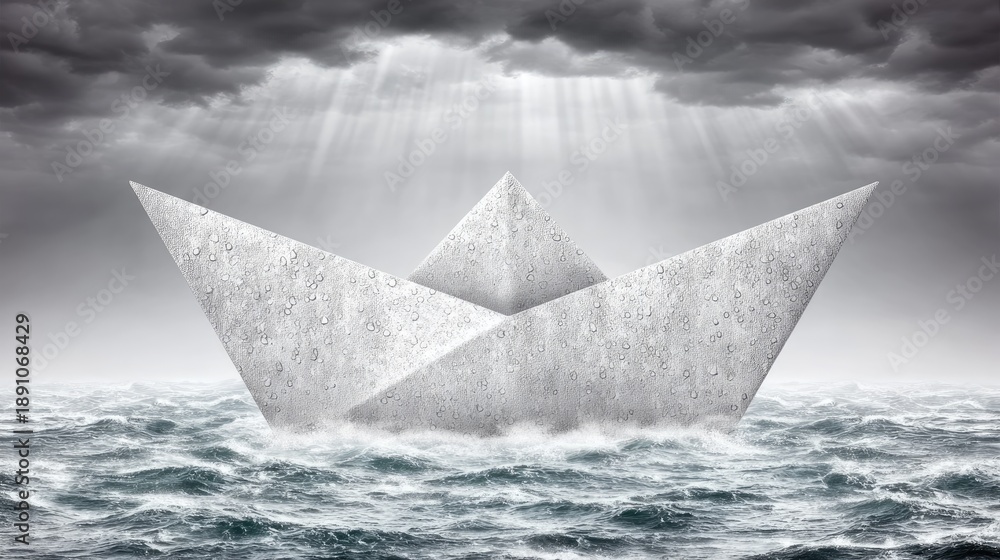 Obraz premium Paper Boat Navigating Stormy Waters Under Dark Clouds.