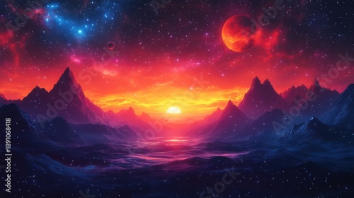 Vivid sunset over alien mountains and a mystical ocean under starry skies