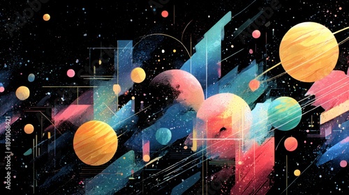 Stunning abstract cosmic scene featuring colorful planets and energetic waves in a galaxy setting