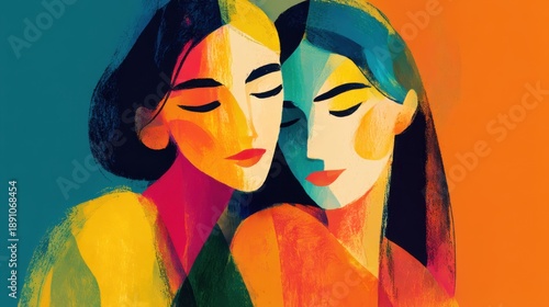 Two friends sharing a warm embrace in a colorful artistic representation capturing joy and connection