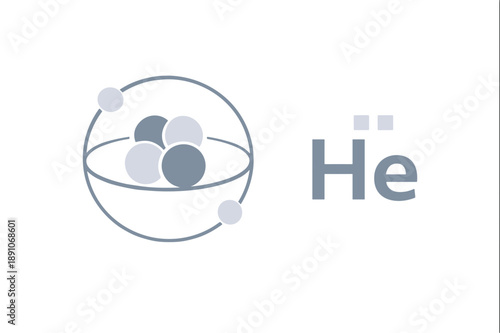Minimalist Helium atomic structure vector illustration on white background. Scientific Lewis dot diagram and Bohr model with grey nucleus and electrons for chemistry study.