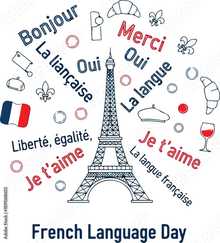 Embrace the beauty of French culture with this vibrant illustration celebrating French Language Day, featuring the iconic Eiffel Tower and essential French phrases.