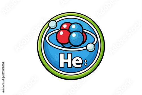 Helium atomic structure vector illustration in badge style on white background. Scientific Lewis dot diagram concept with cartoon nucleus and electrons for chemistry education.