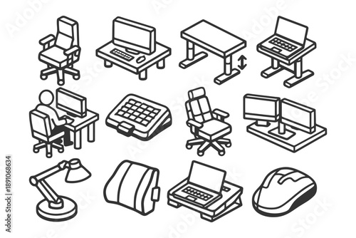 Home office essentials: chairs, desks, computers, monitors, accessories.