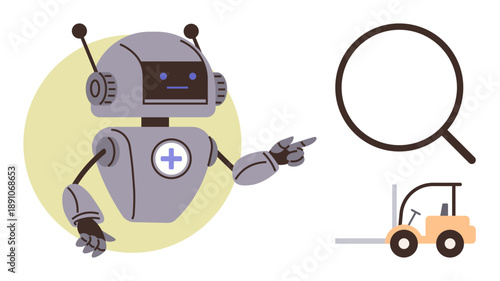 Robotics, automation, AI research, industrial technology, logistics, analysis focus. Robot with a medical cross points to a magnifying glass and forklift. Robotics and automation concepts
