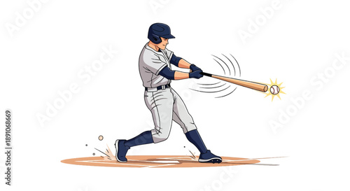 Baseball Player Powerful Swing Hitting Ball on White Background