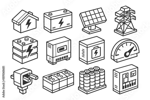 Isometric energy icons: solar, power lines, batteries, and meters.