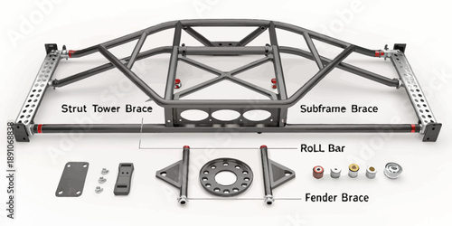 Car roll bar and chassis braces with labeled components