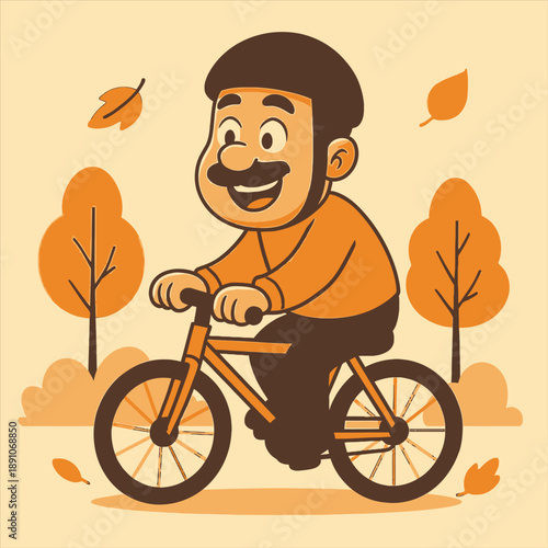A cheerful man riding a bicycle in an autumnal scene with trees and leaves, depicted in a flat vector illustration design.