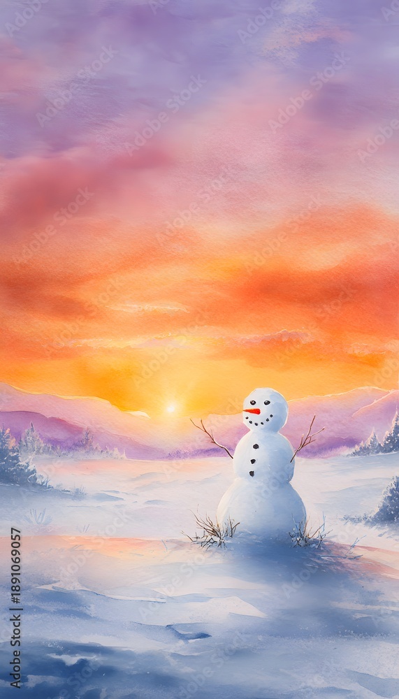 Fototapeta premium Festive winter scene watercolor snowman glows against a serene pastel sunset sky landscape
