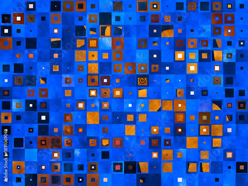 A grid of blue squares of various sizes, some filled with gold and brown patterns, others with white or red squares, creating an abstract mosaic