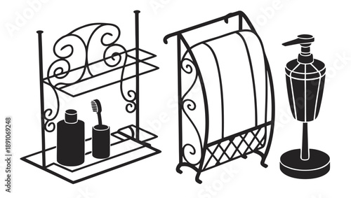 Elegant bathroom accessories on decorative metal stand