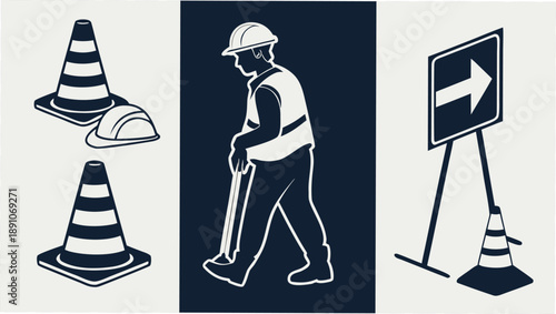Construction worker with traffic cones and directional sign