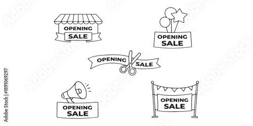 Opening Sale Event Graphics With Balloons, Megaphone, Bunting, and Scissors Cut Concept