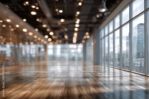 blurred for background. office building interior, empty hall in the modern office building. empty open space office. panoramic windows and beautiful lighting. Corporate Workspace,  Business Interior