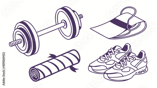 Fitness essentials for a healthy lifestyle with dumbbell, yoga mat, jump rope, and sneakers