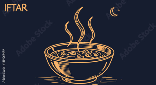 A warm, steaming bowl of traditional Iftar food, beautifully illustrated to represent the joyous breaking of fast during the holy month of Ramadan.