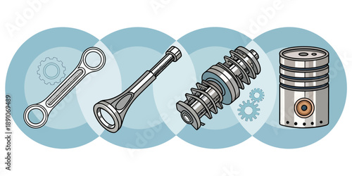 Mechanic tools and engine parts in modern illustration