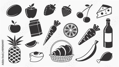 Variety of fresh food and drink items in black and white