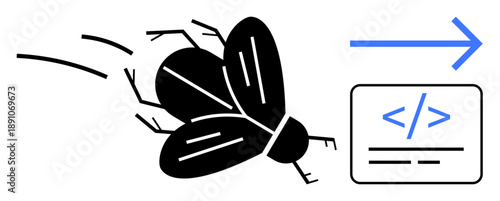 Bug tracking, debugging, software testing, programming issues, coding errors, quality assurance. A bug flying toward a code symbol with an arrow. Bug tracking and debugging concept