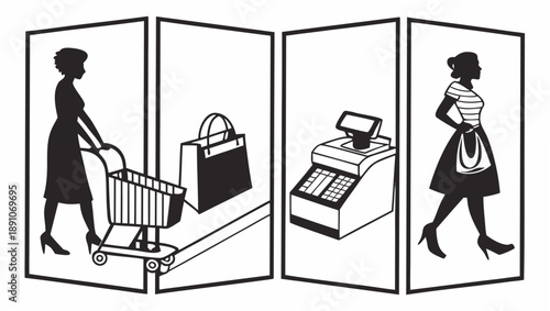 Women shopping with cart and bags at checkout counter