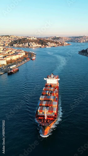 Container ship sails through Bosphorus Strait Istanbul