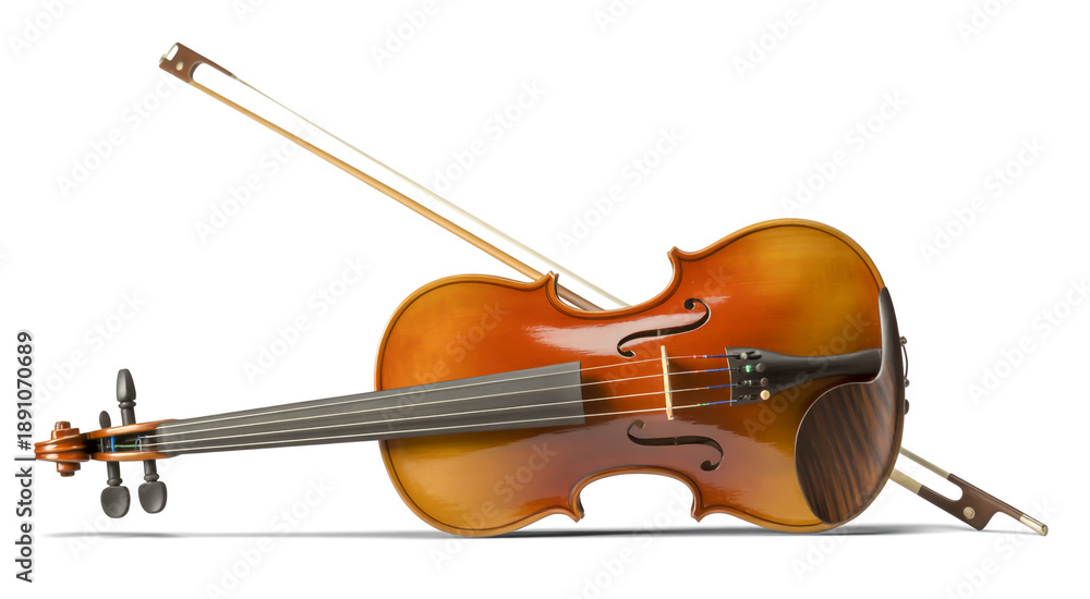 Fototapeta premium A classic wooden violin with a bow resting on a white background brown musical instrument