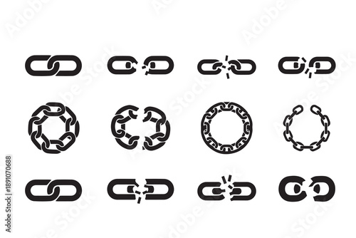 Vector Set of Connected and Broken Chain Link Icons for Connection and Security Concepts