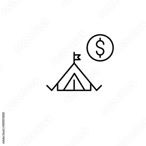 Camping tent and dollar. Adventure budget, travel and tourism costs. Pixel perfect, editable stroke vector icon