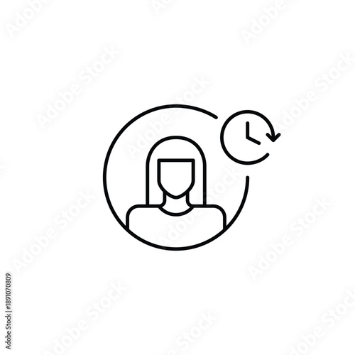 Woman user avatar and clock. Daily routine, work and use time tracking and work schedules. Pixel perfect, editable stroke vector icon