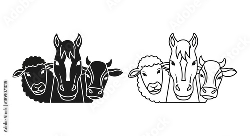 Farm animals sheep cow horse illustration