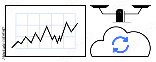 Data management, financial planning, technology balance, analytics, business strategy, cloud storage. A chart with a rising line, a balance scale and a cloud with a sync icon. Data management