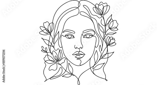 Minimalist Woman Face with Flowers - Continuous Line Art Vector